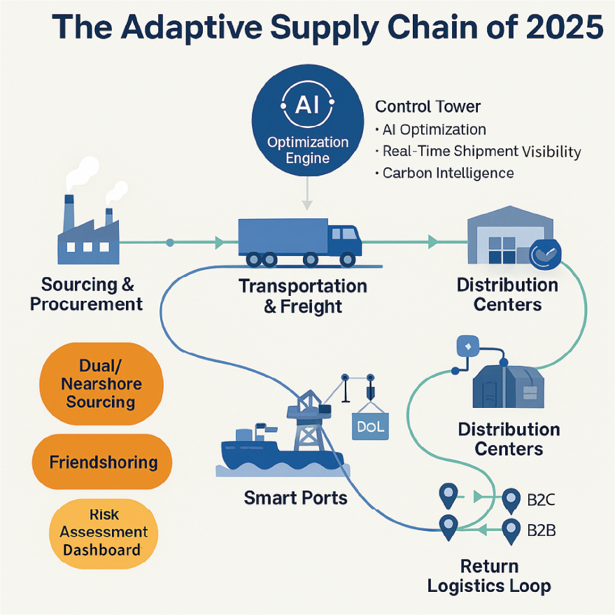 Split-screen comparison of just-in-time vs just-in-case supply chains